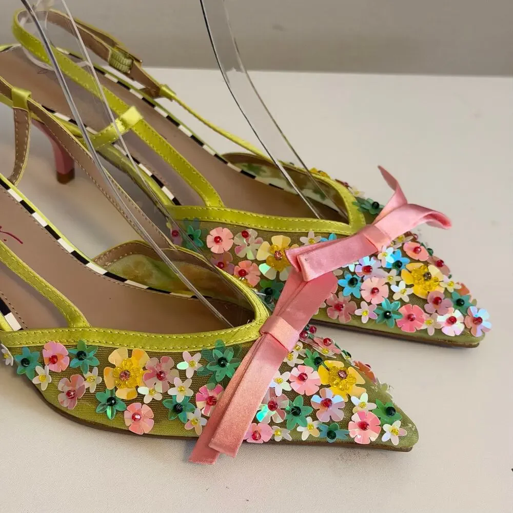 Betsey Johnson Witney Lime Floral Slingback Kitten Heels 8.5 Bow Whimsical Party
